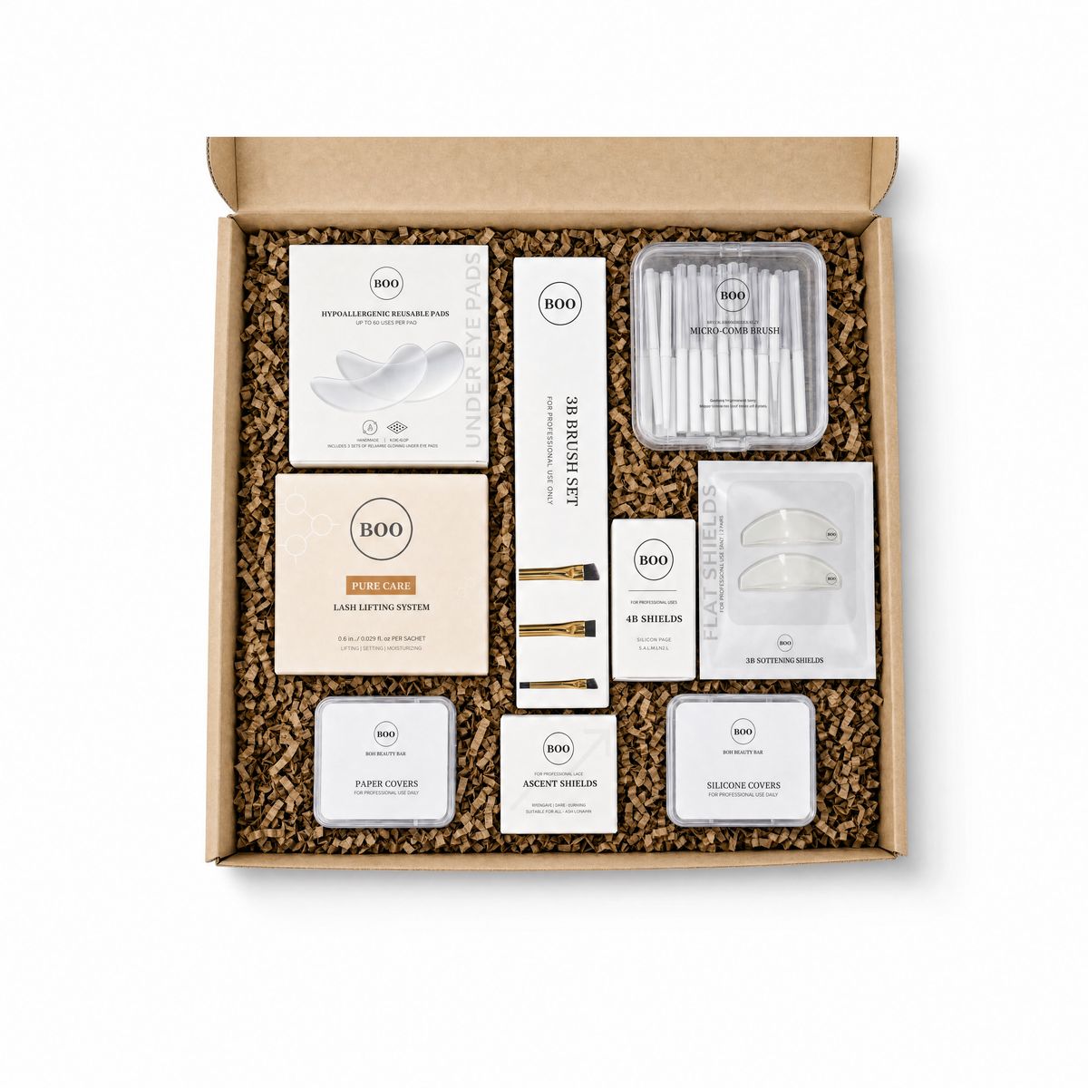 Korean Lash Lift Kit full contents laid out, 10 components including Pure Care lifting system, shields, brushes and eye pads